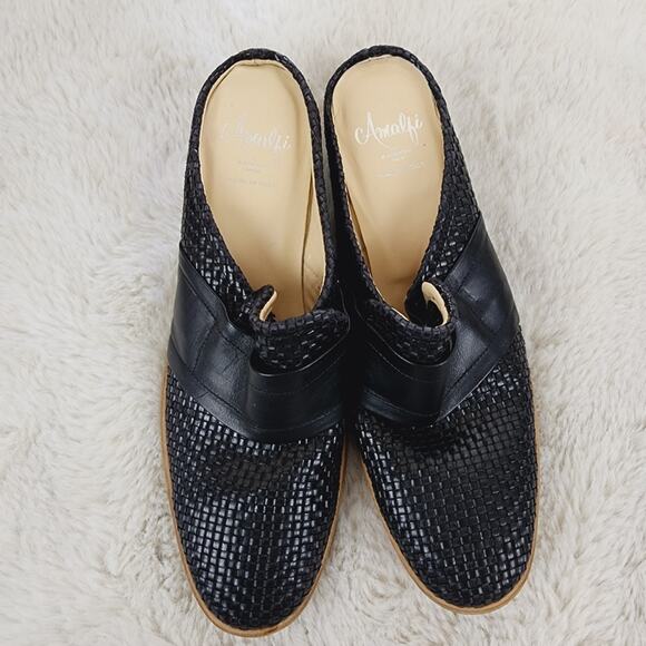 Amalfi by Rangoni Black Woven Leather Heeled Mules - 9 Made in Italy Block Heel - Picture 2 of 8